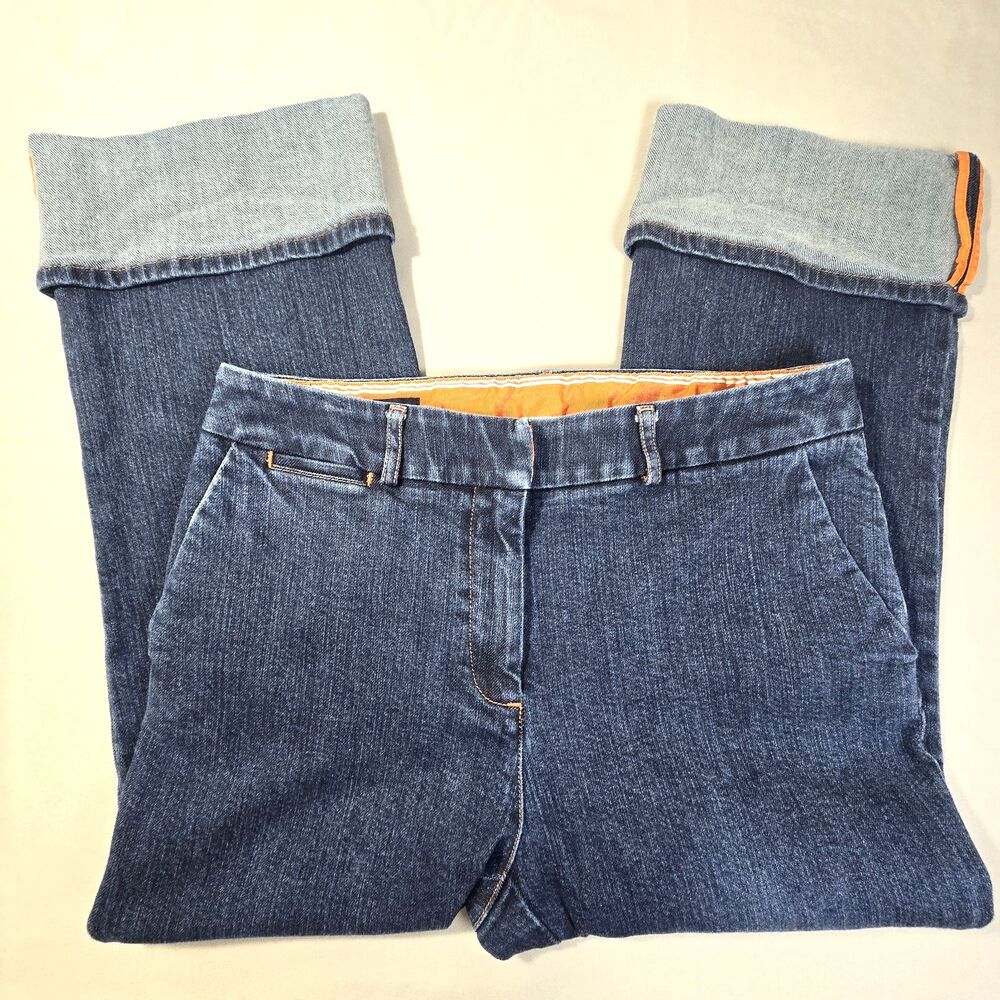 Lands End Denim Cropped Women's Size 8 Folded Hem, Orange Trim Heavy Denim